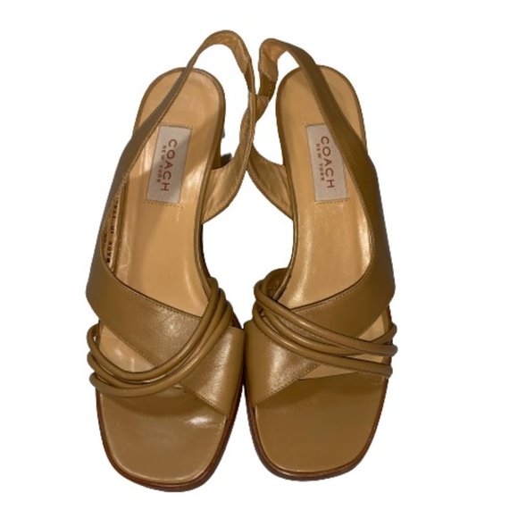 Coach Shoes - Coach 90’s Tan Strappy Chunky Block Mules Heels 8